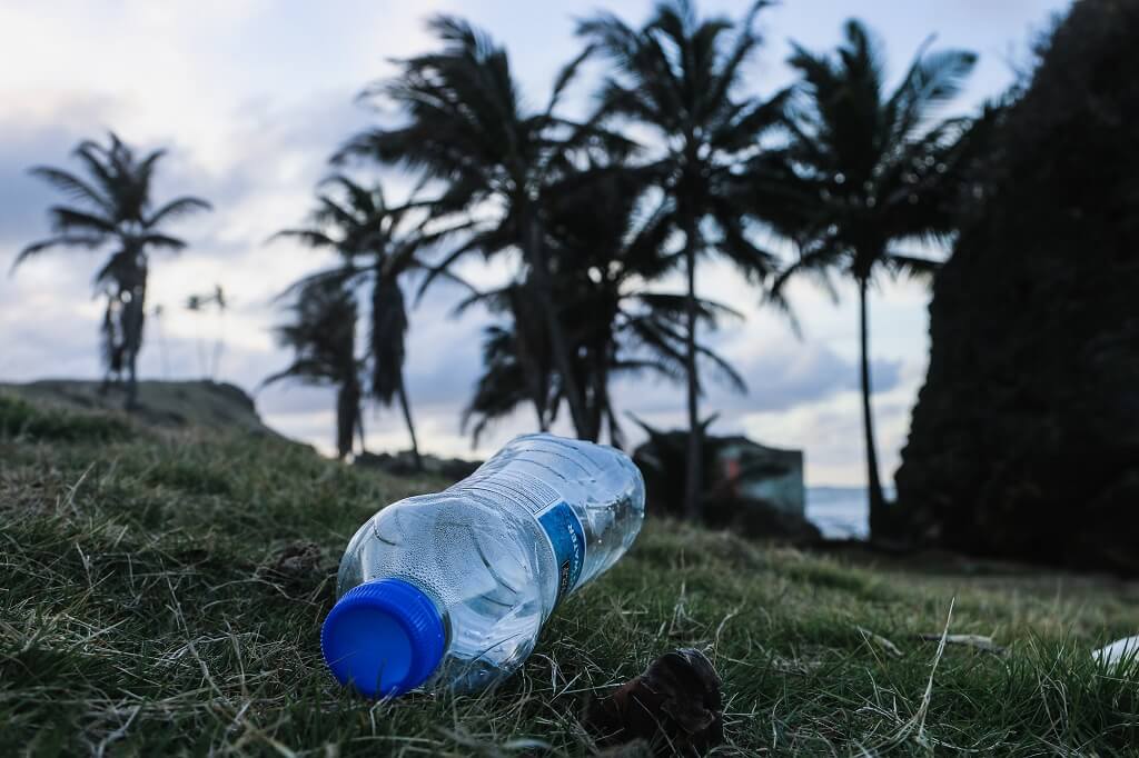 Plastic water bottle on grass